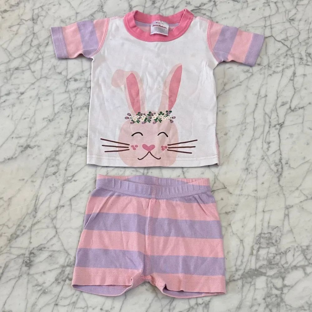Hanna Andersson Shortie Sz 3 Pink Purple Striped Flower Crown Bunny Kids Pajamas